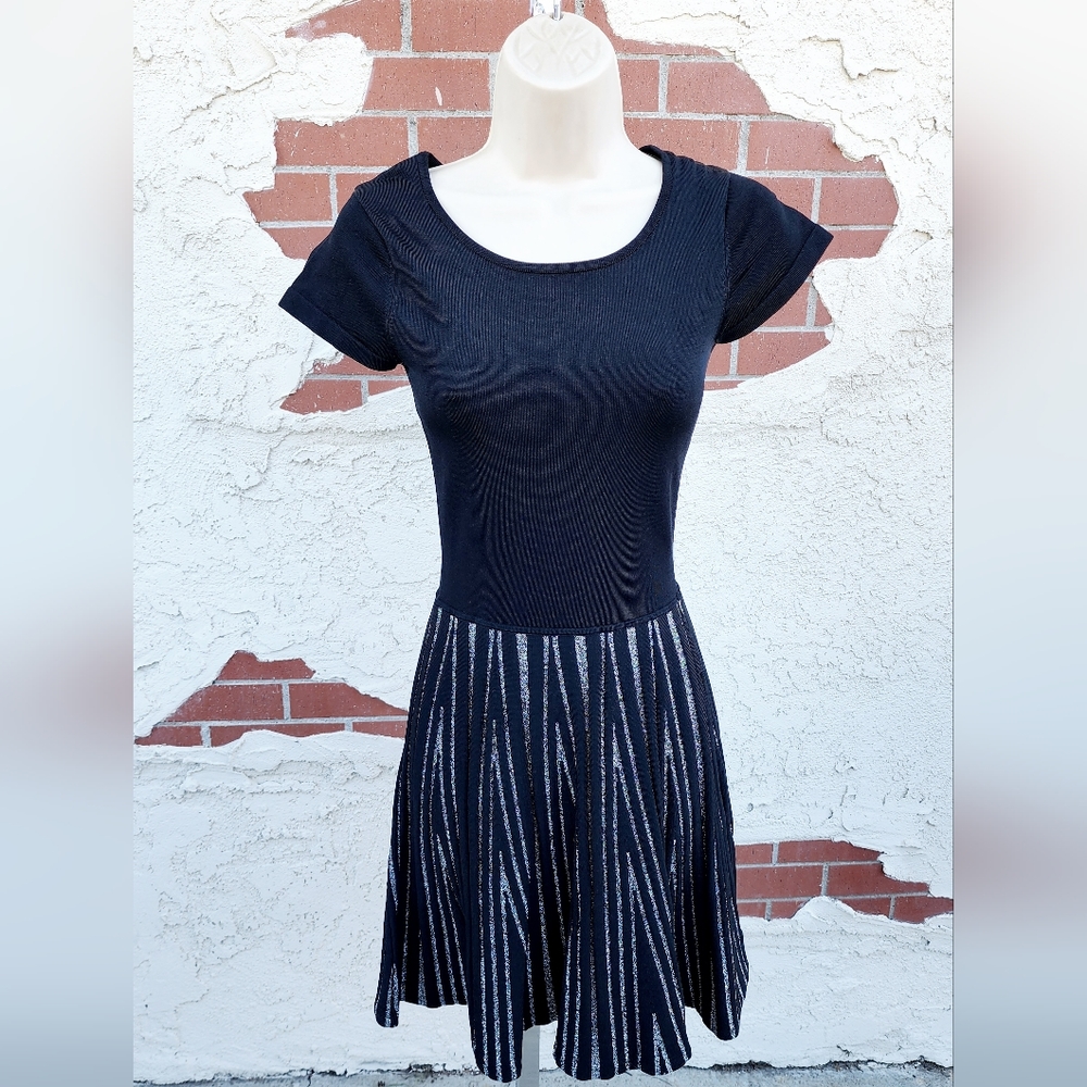 XS women PARKER Black Silver Fit & Flare Stretch Party Dress Short Sleeve